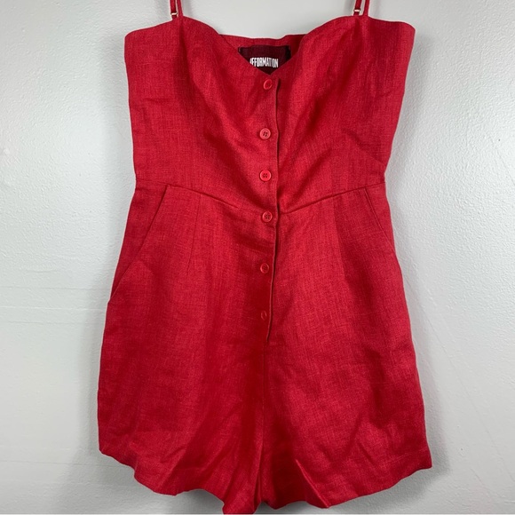 Reformation | Red Linen Mini Romper with pockets | Size 00 - Picture 3 of 12